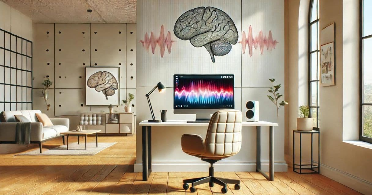 This image portrays a modern home office, characterized by a clean and bright aesthetic, featuring large wall art of brain illustrations and a sleek workspace setup, creating an intellectually stimulating environment.