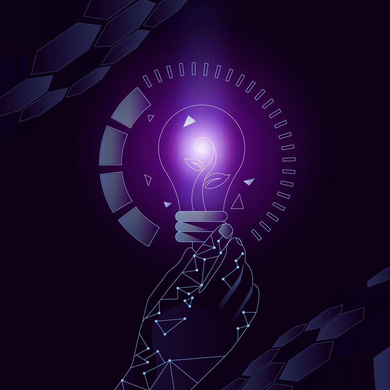 This image is a stylized, abstract illustration of a hand holding a light bulb, within which a plant is growing, symbolizing innovative and sustainable ideas.